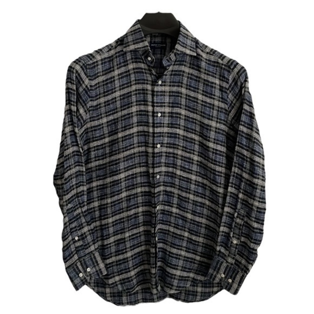 Peter Millar Size Medium Linen/Cotton blue & grey plaid button‎ up shirt. EUC